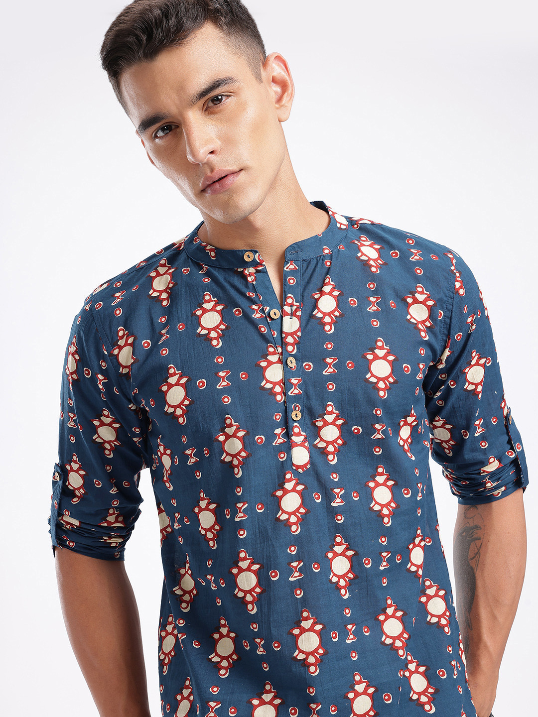 Anouk Rustic Band Collar Ethnic Motifs Printed s Roll-Up Sleeves Kurta