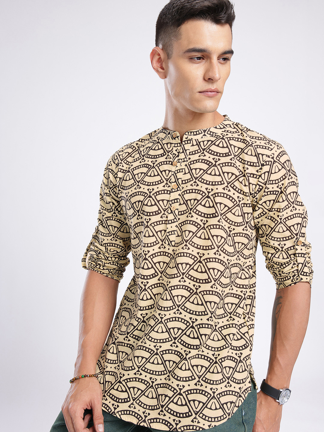 Anouk Rustic Band Collar Ethnic Motifs Printed Roll-Up Sleeves Kurta