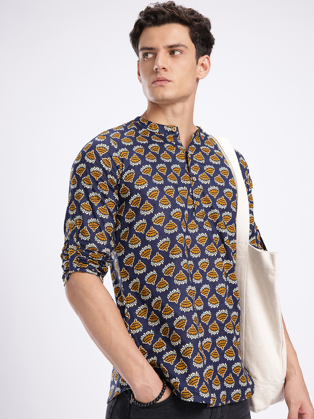 Anouk Rustic Band Collar Indie-Floral Printed Roll-Up Sleeves Kurta