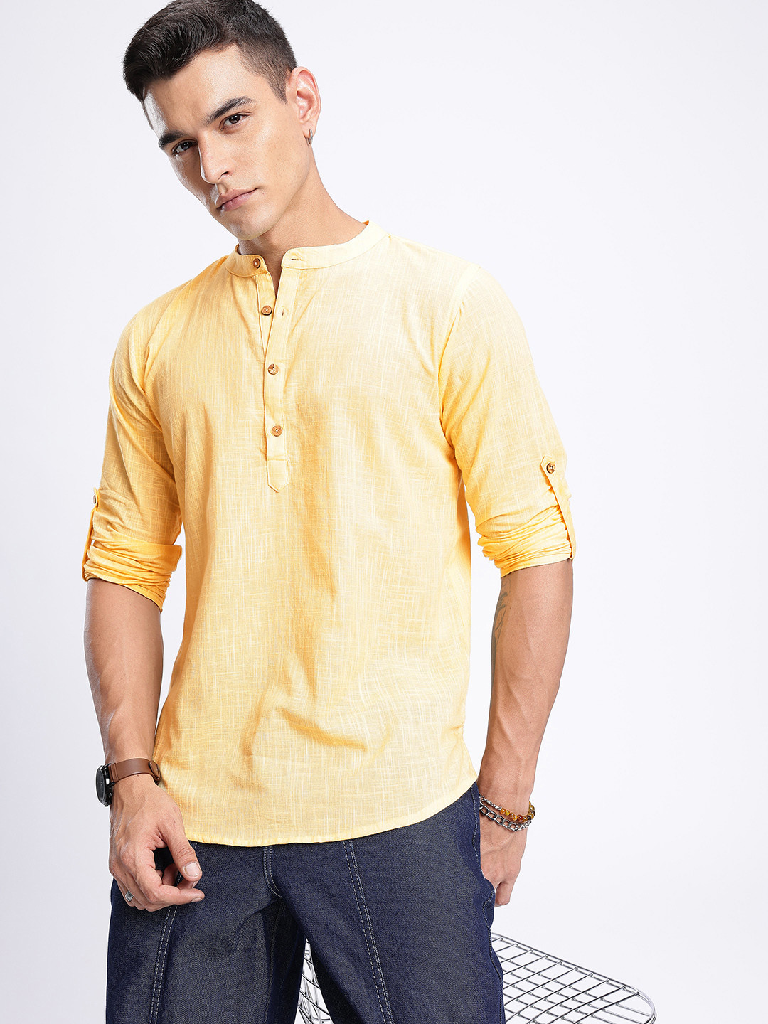 Anouk Rustic Band Collar Woven Design Roll-Up Sleeves Kurta