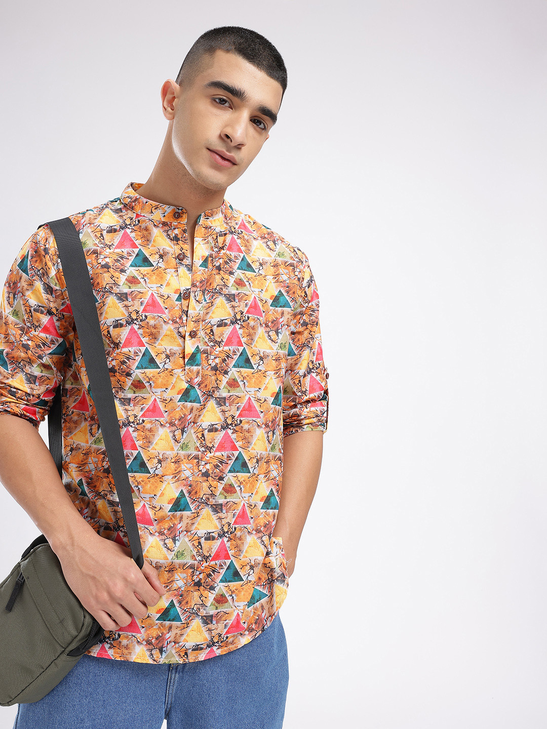 Anouk Rustic Band Collar Geometric & Abstract Printed Roll-Up Sleeves Kurta