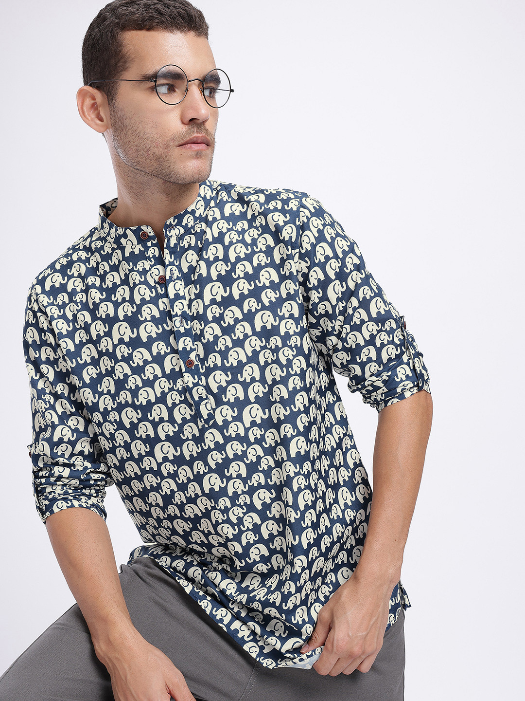 Anouk Rustic Animal Print Roll Up Sleeves Straight Kurta