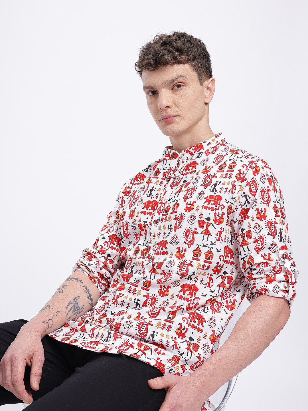 Anouk Rustic Tribal Print Roll Up Sleeves Kurta