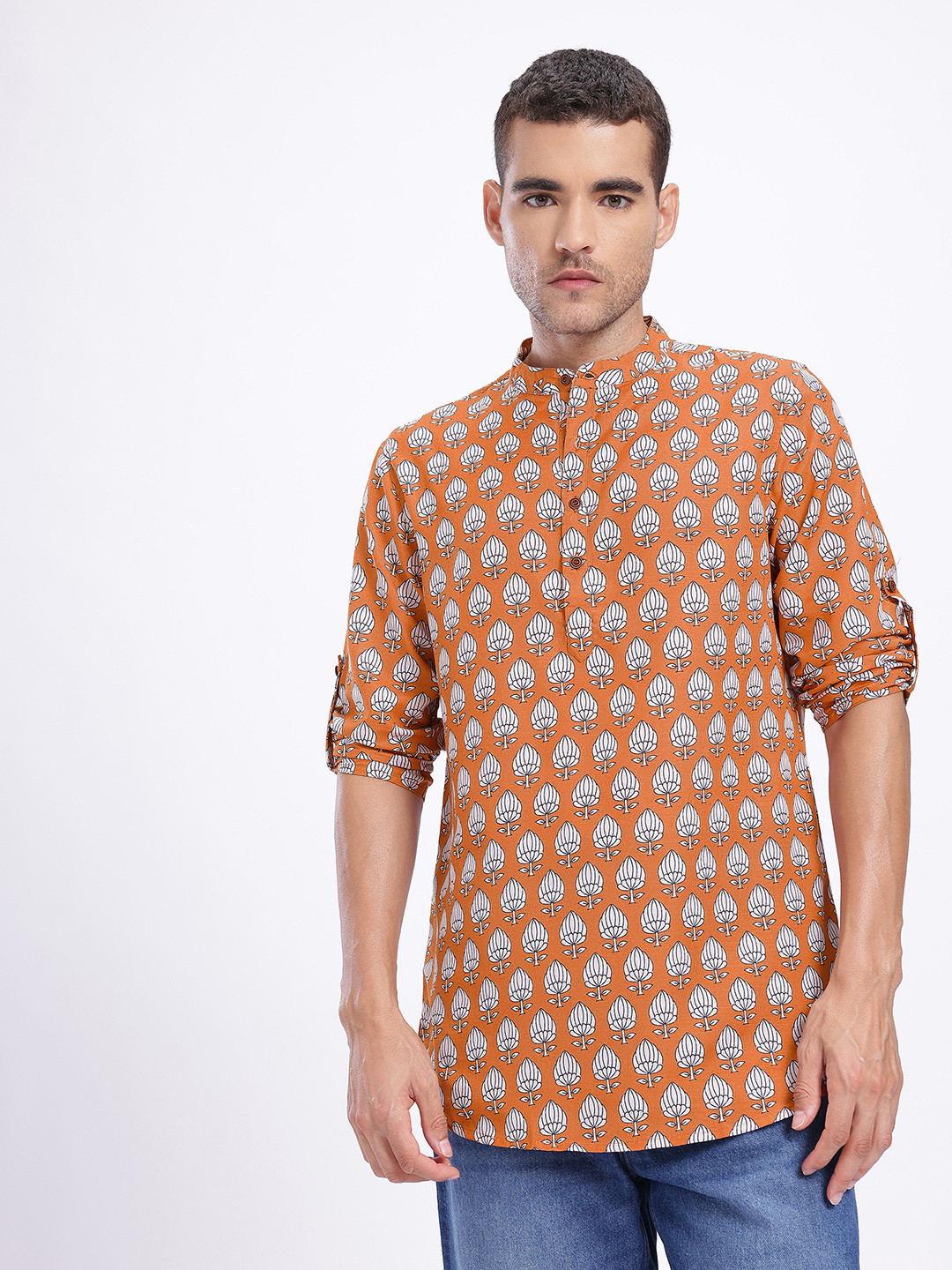 Anouk Rustic Conversational Print Band Collar Roll-Up Sleeves Straight Kurta