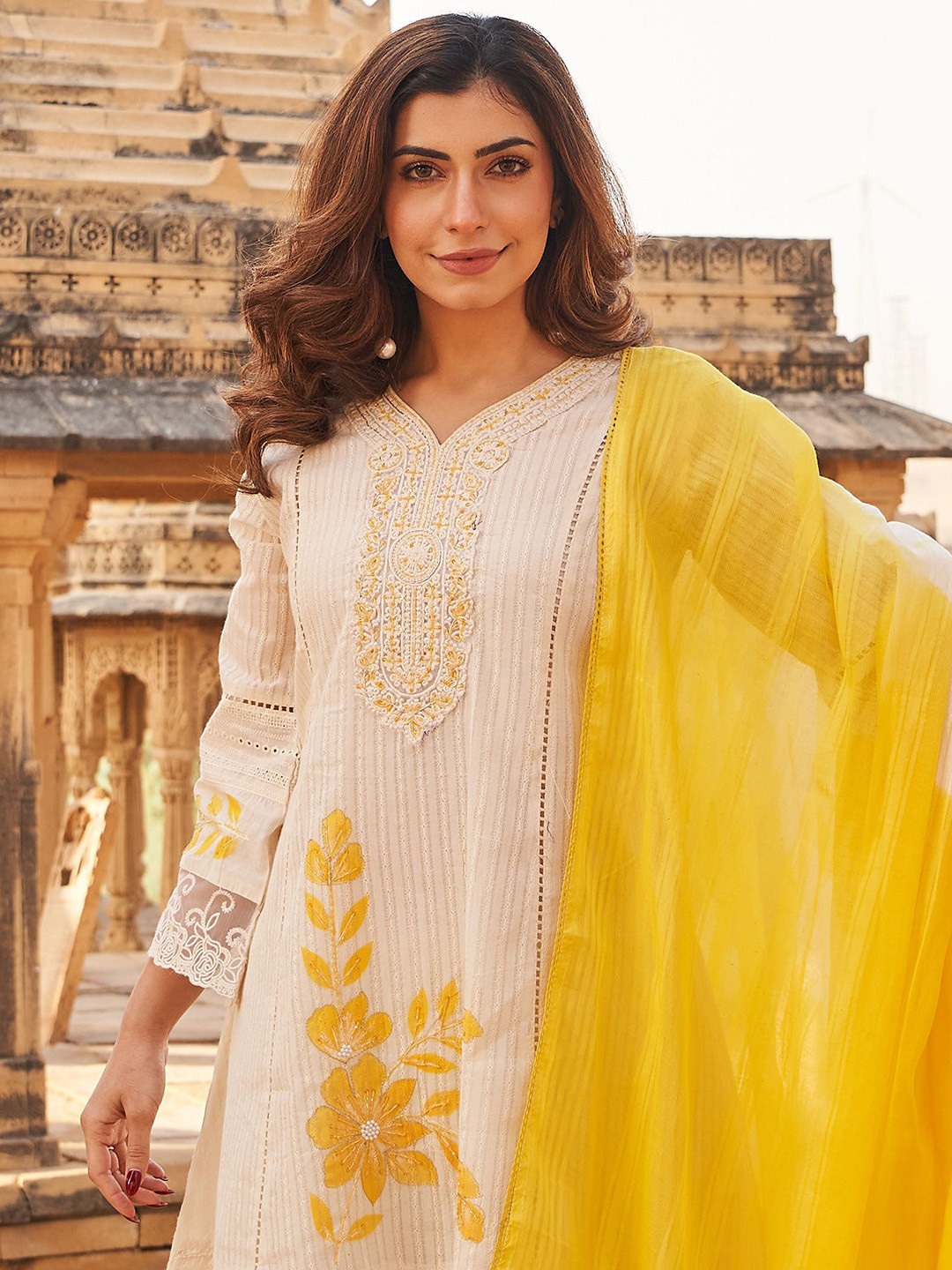 Indo Era Floral Embroidered Patchwork A-Line Pure Cotton Kurta With Palazzos & Dupatta