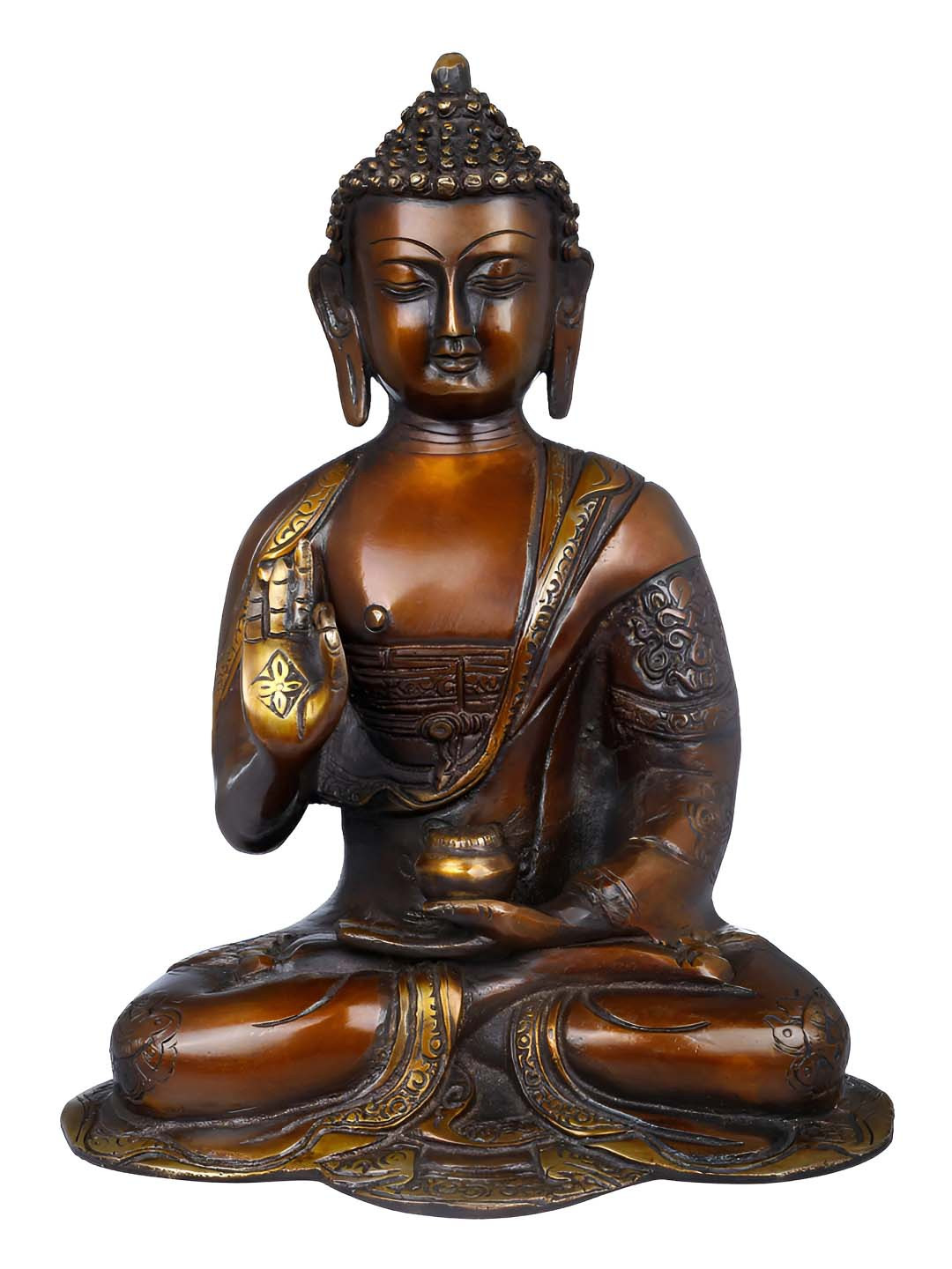 Exotic India Tibetan Buddhist Preaching Buddha Metallic Brass Garden Medium Showpiece - 10 Inches