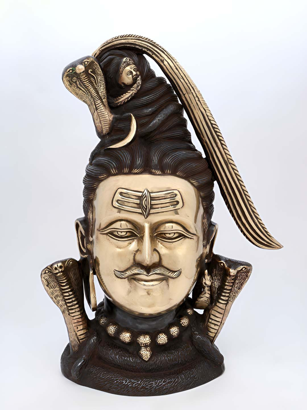 Exotic India Lord Shiva Head Brown Brass Metallic Prayer Room Medium Showpiece - 22 Inches