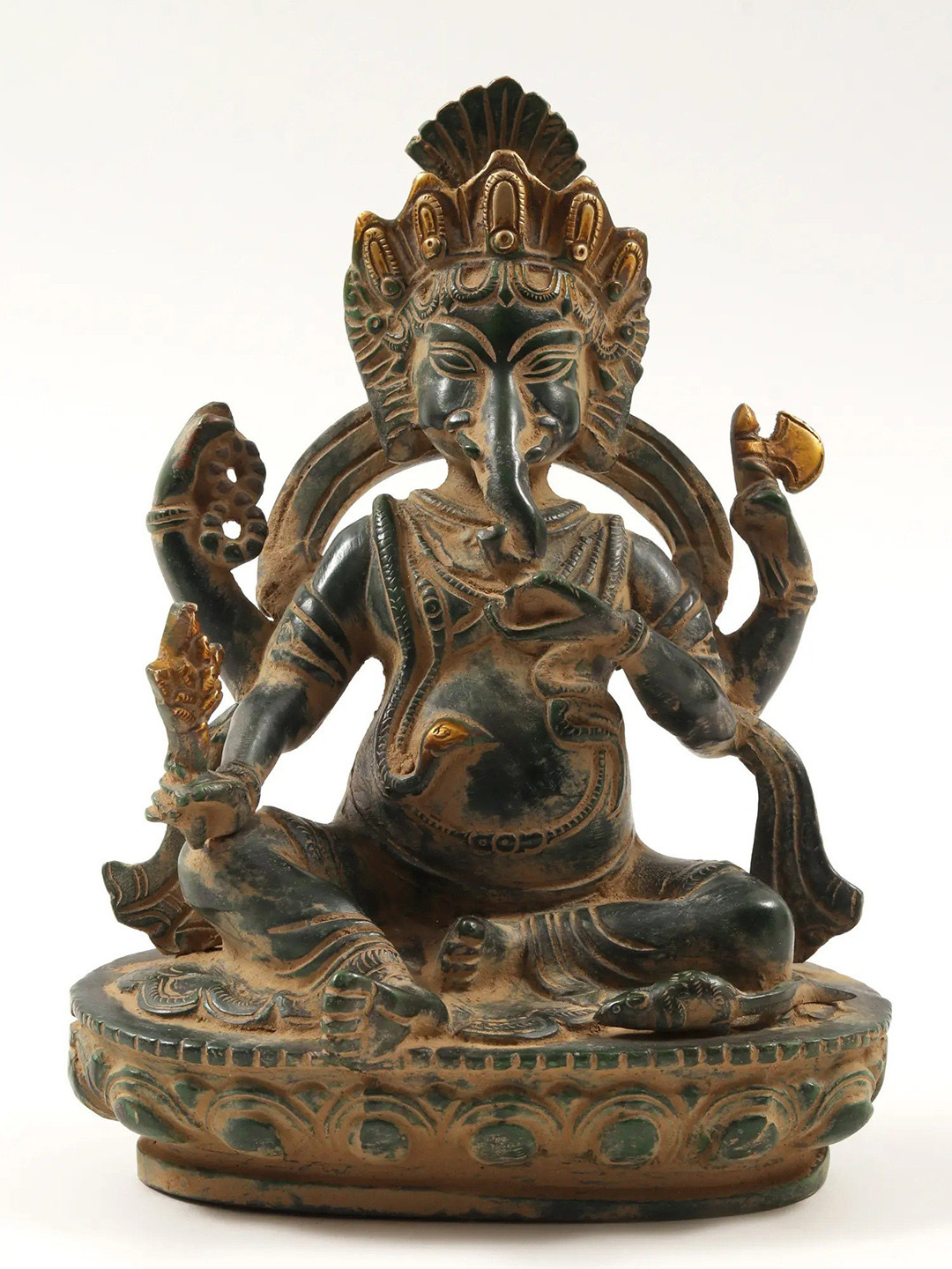 Exotic India Lord Ganesha in Nepalese Style Metallic Brass Prayer Room Medium Showpiece - 8 Inches