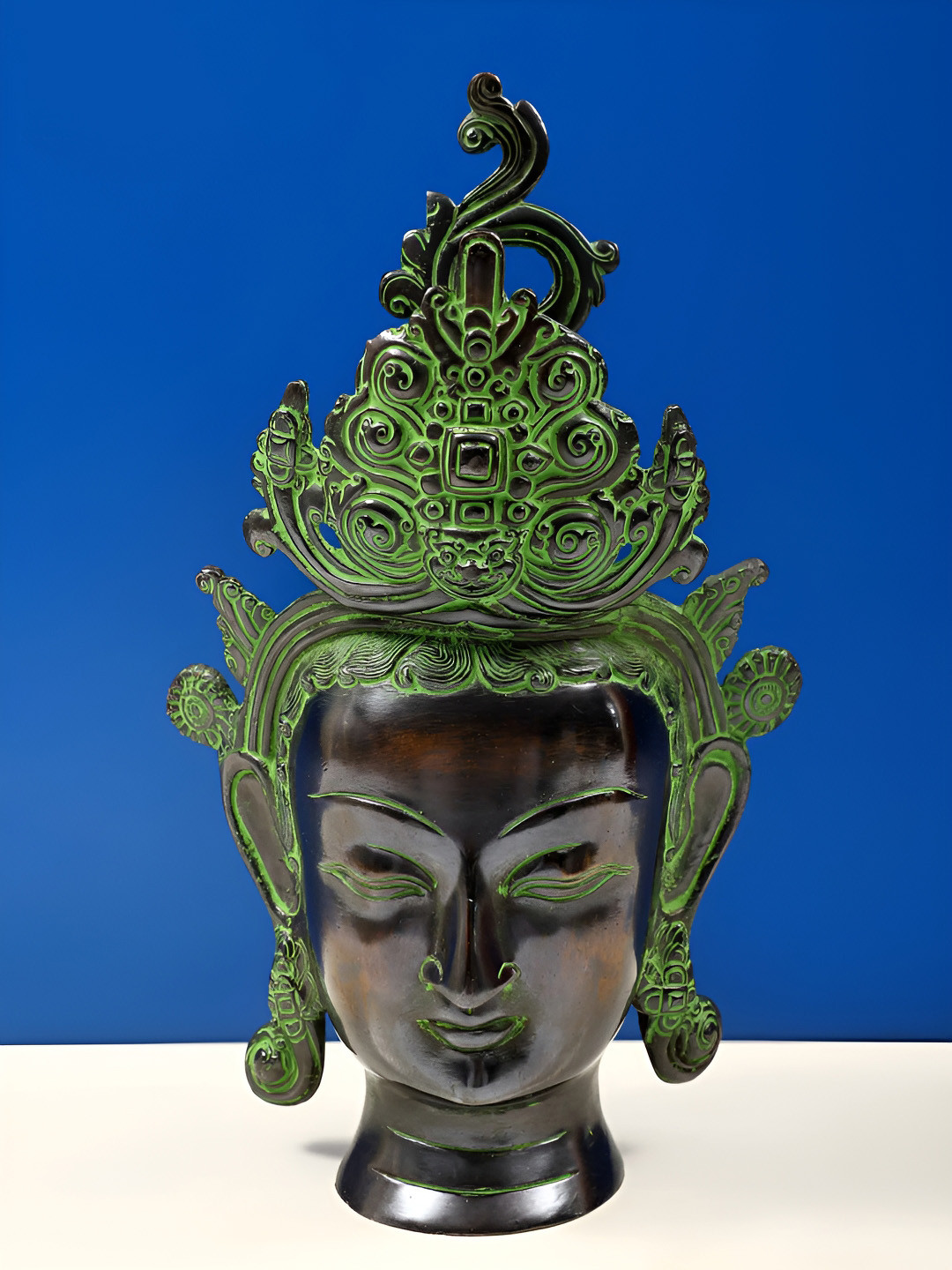 Exotic India Goddess Tara Head Green Brass Metallic Living Room Medium Showpiece - 12.3 Inches