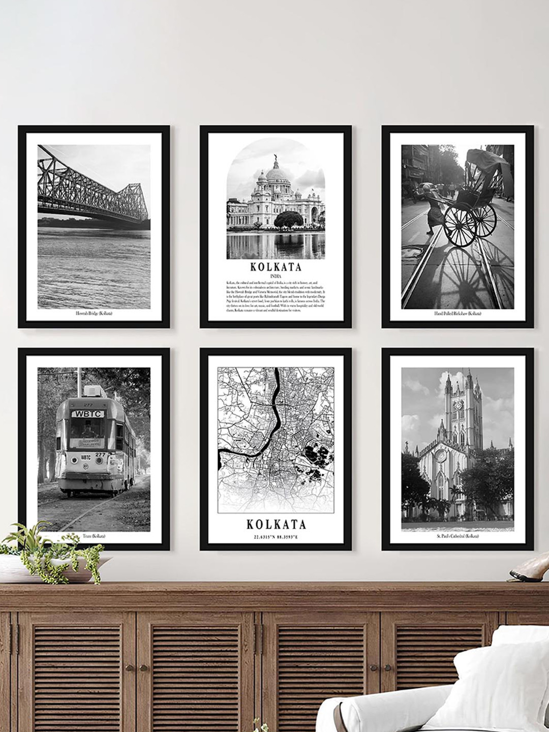 Art Street Black & White 6 Pieces Kolkata Printed Wooden Wall Arts