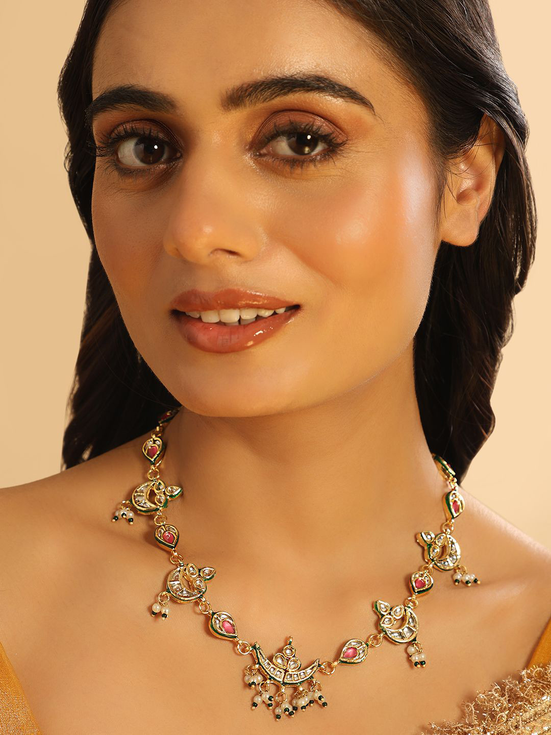 Nuyug  22K Gold Plated Regal Enamel Bloom Kundan & Pearls Studded Drop Necklace