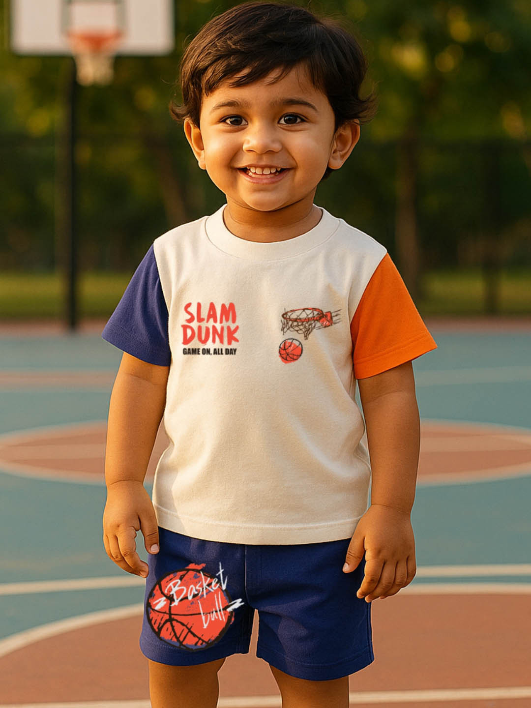 Nap Chief Infants Unisex Slam Dunk Basketball Printed Pure Cotton T-Shirt & Cargo Shorts