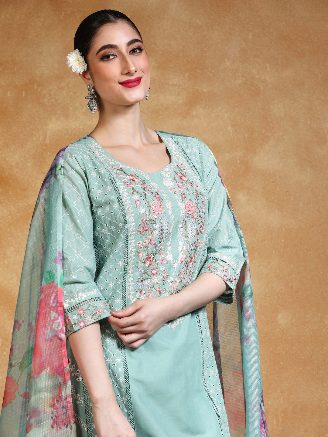 Varanga Floral Embroidered Thread Work Pure Cotton Straight Kurta With Trousers & Dupa