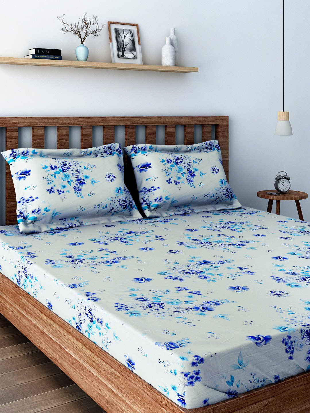 SWAYAM Beige Floral Cotton 160 TC Double Bedsheet with 2 Pillow Covers-90 x 59 inches