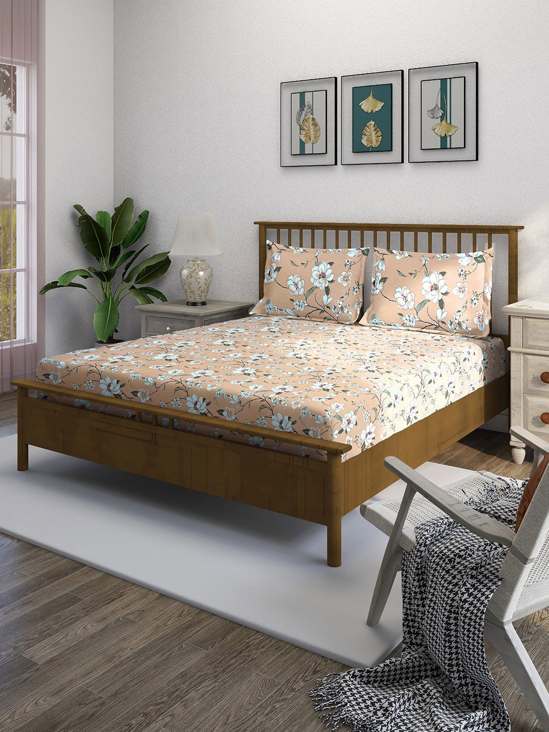SWAYAM Ananda Beige Floral Cotton 210 TC Double Fine Bedsheet with 2 Pillow Covers-90 x 59 inches