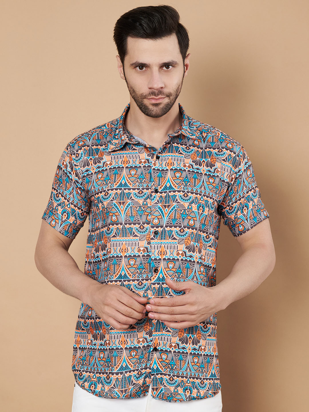 VS MALL Abstract Printed Cutaway Collar Classic Cotton Casual Shirt