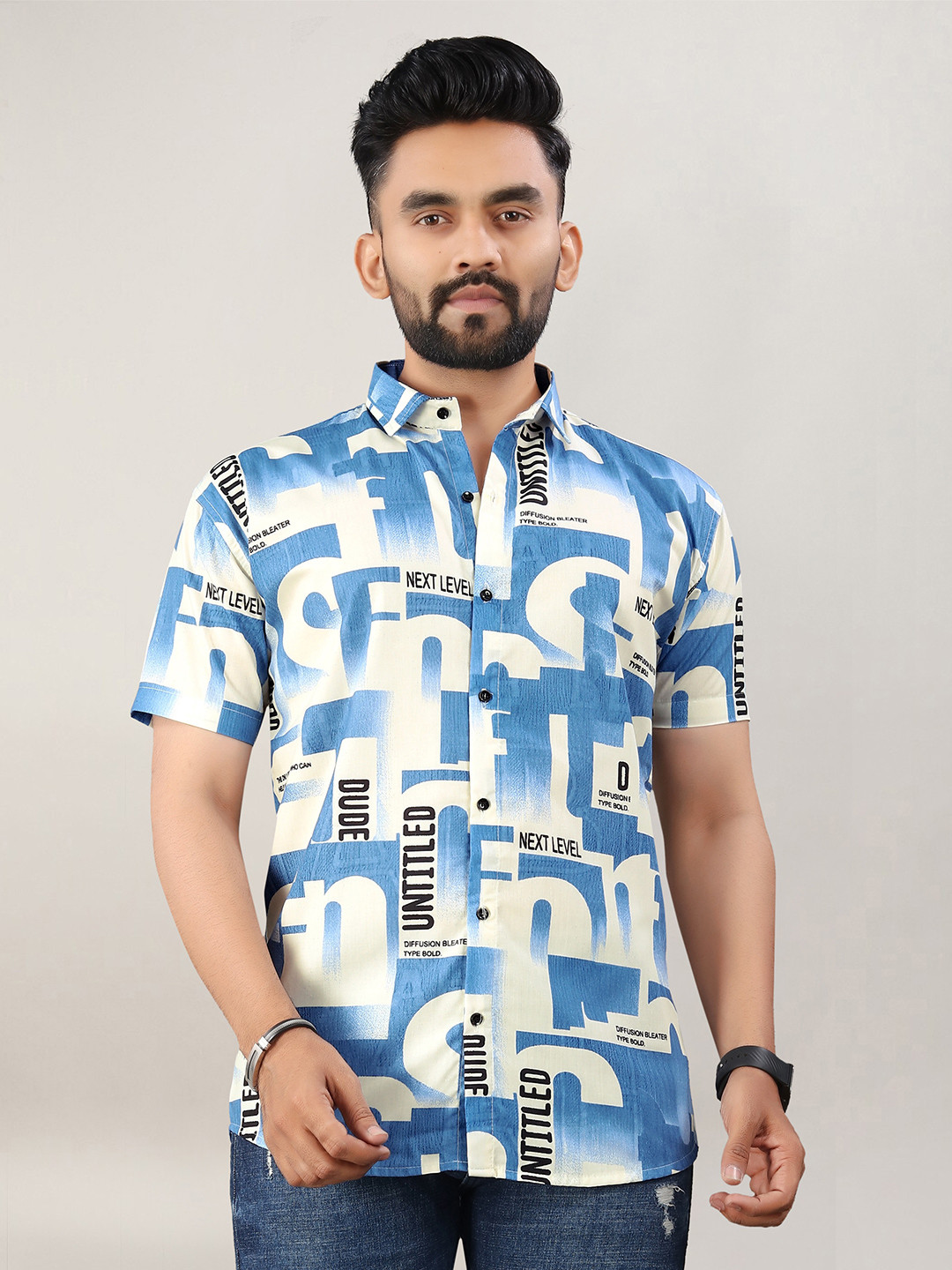 VS MALL Geometric Printed Cutaway Collar Classic Casual Shirt