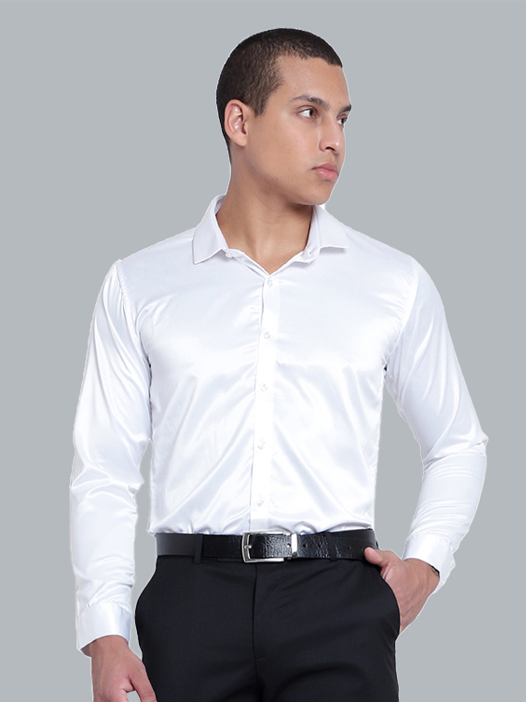 CVC Men Regular Fit Poly Satin Silk White Shirt