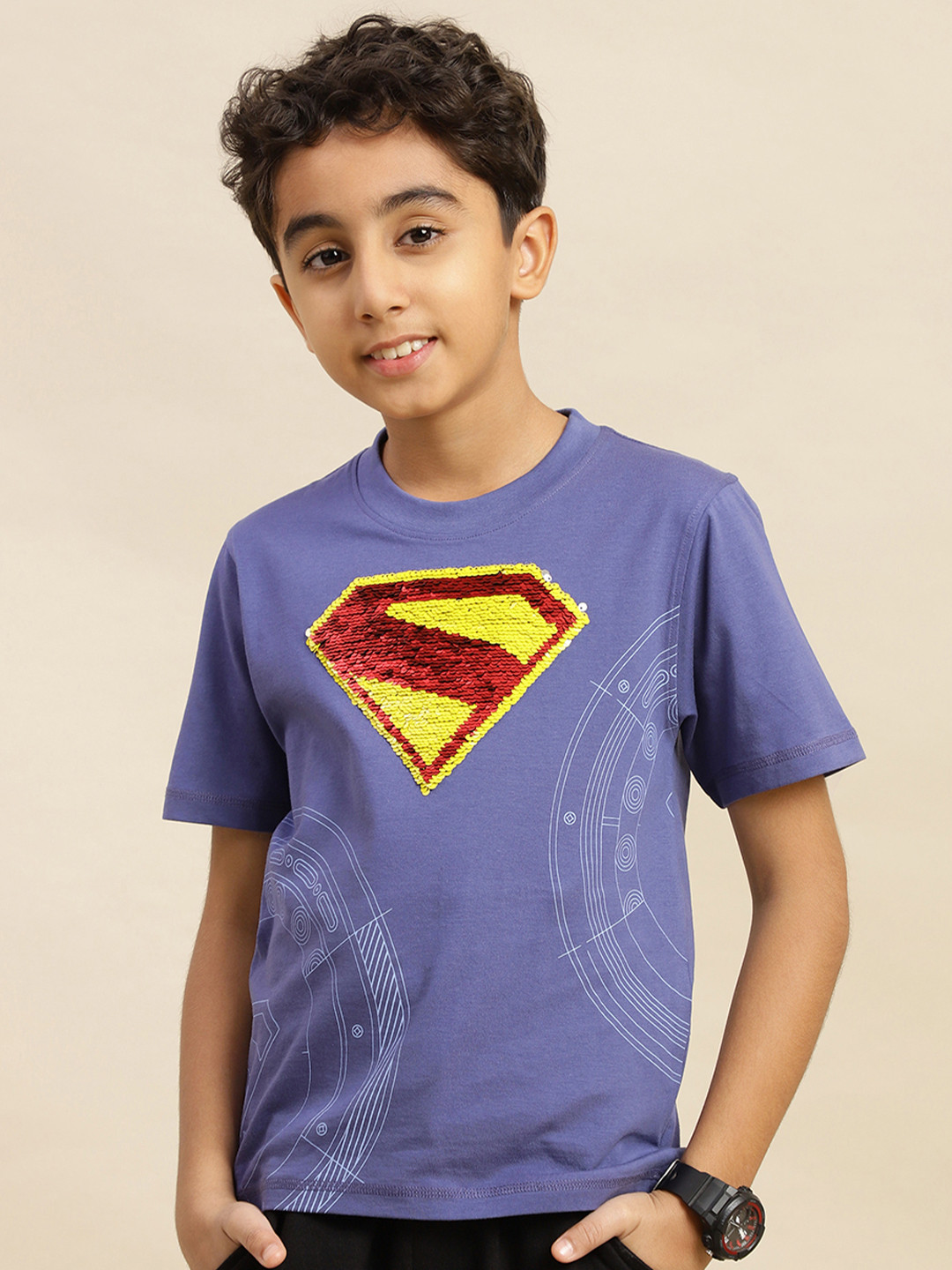 Kids Ville Boys Superman Printed Pure Cotton Reversible Sequin T-Shirt