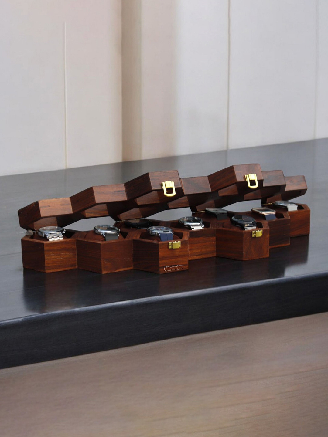 Creation India Craft Brown Wooden 9-Slot Vintage Watch Box