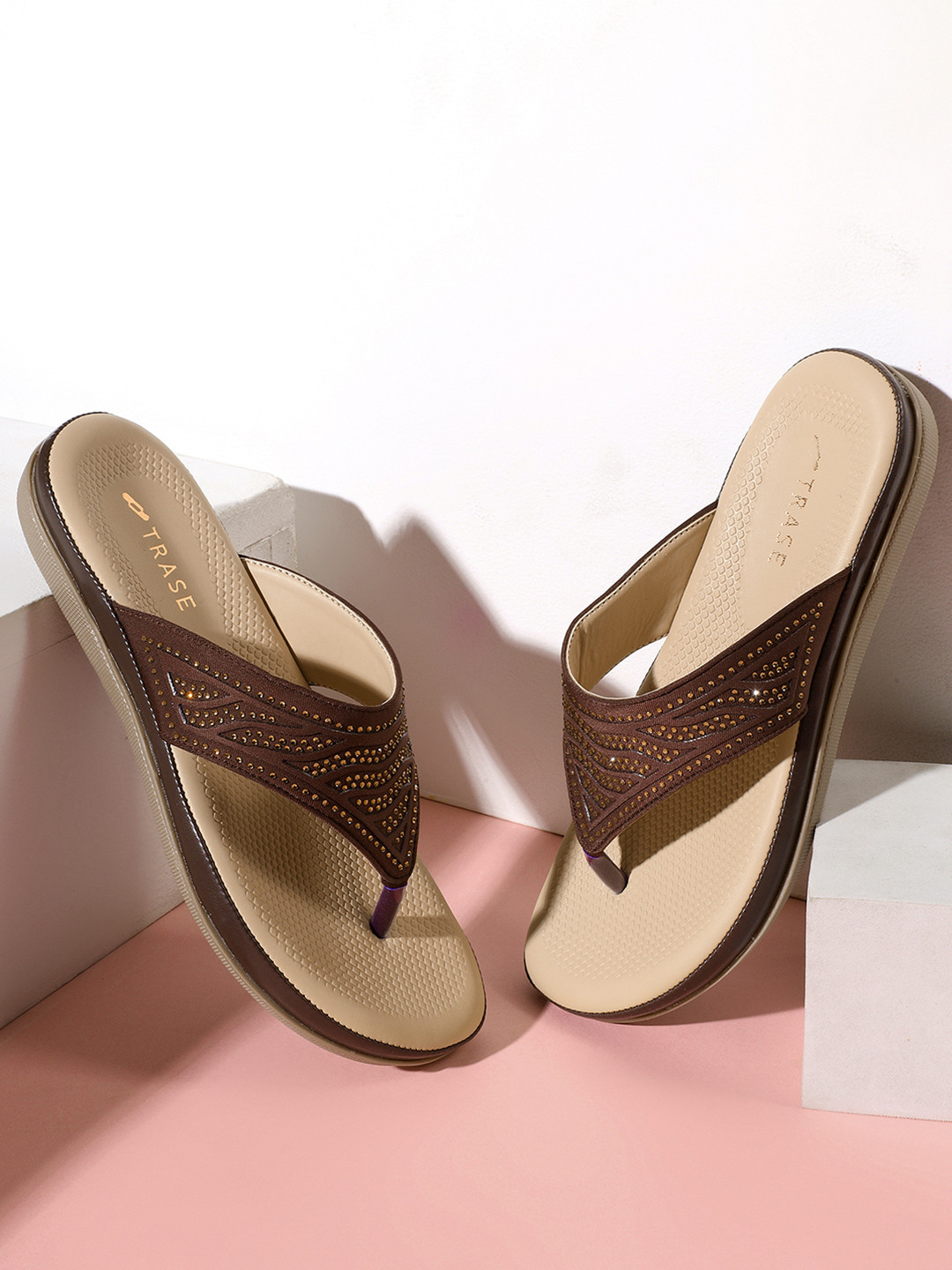 TRASE Solique Women Solid Open Toe T-Strap Flats with Laser Cuts Detail