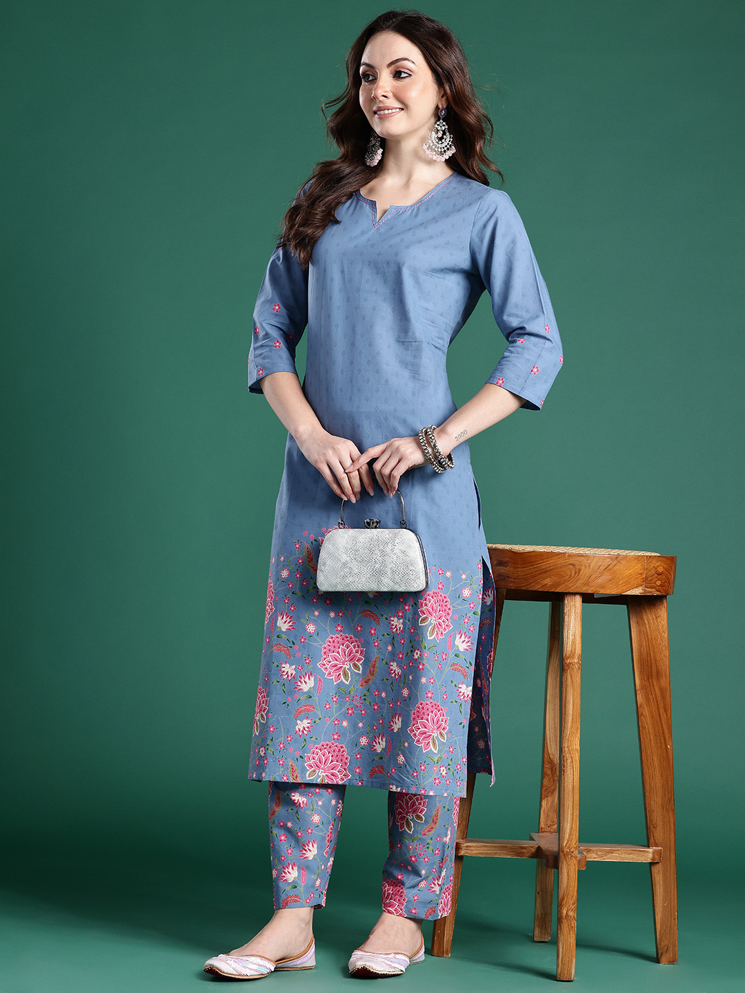 Indo Era Floral Printed Regular Sequinned Pure Cotton Kurta with Trousers
