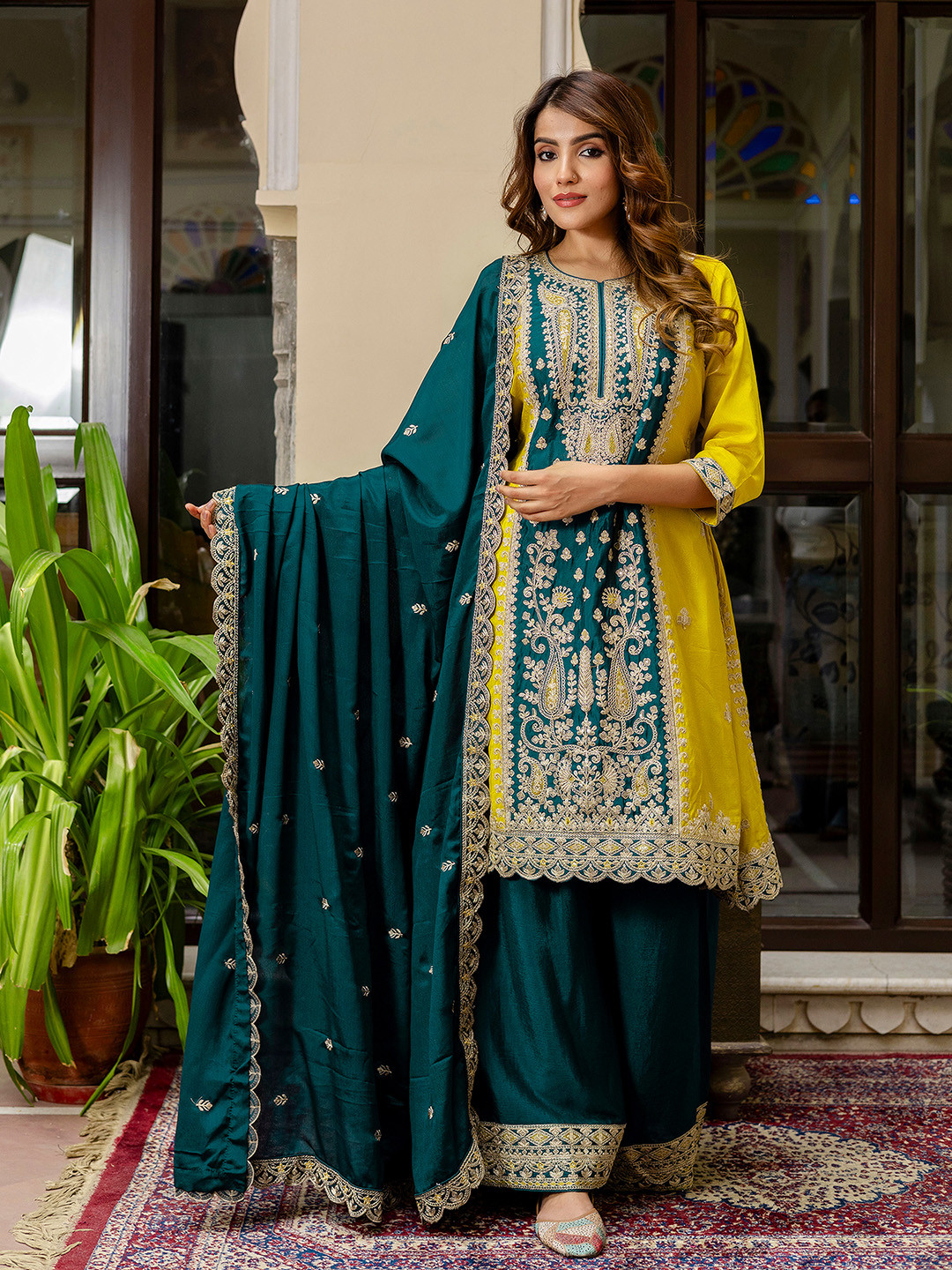Trendmalls Paisley Embroidered Sequinned A-Line Kurta with Palazzos & With Dupatta