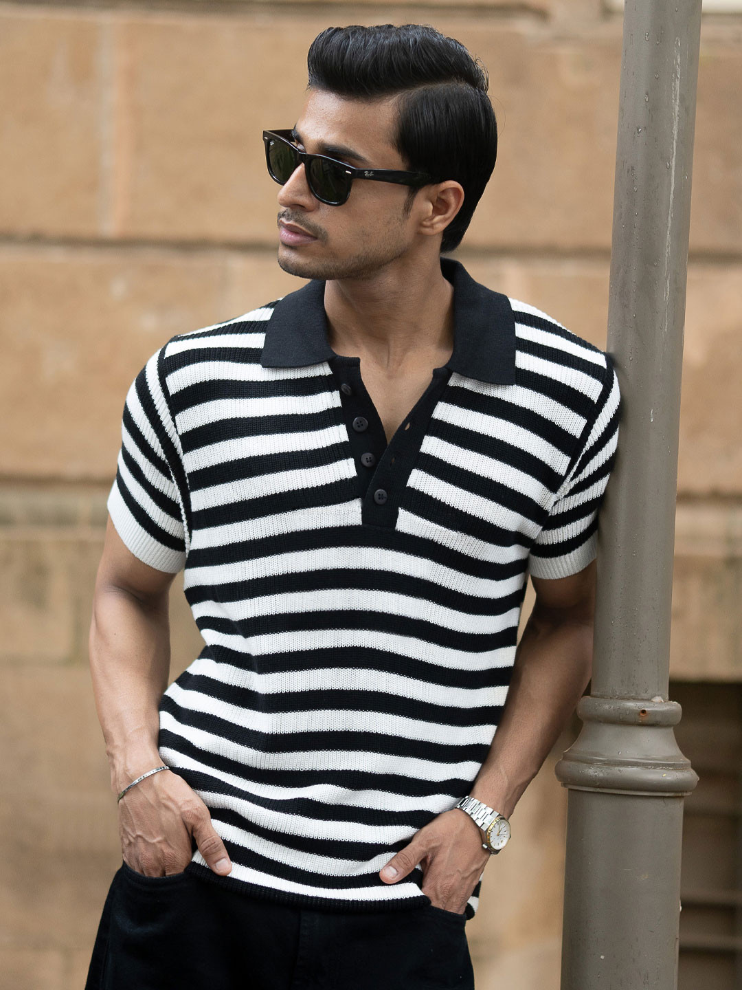 Powerlook Men Polo Collar Monochrome Black And White Stripe T-shirt