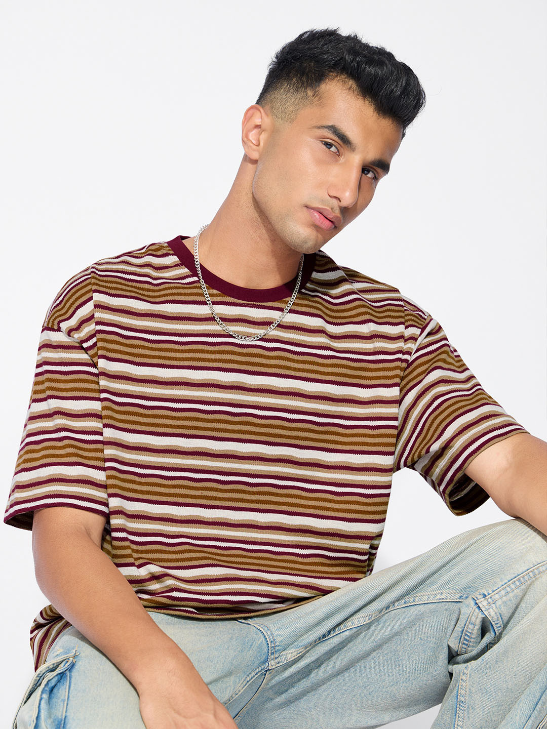 The Souled Store Men Striped Urban Sands Oversized T-shirt