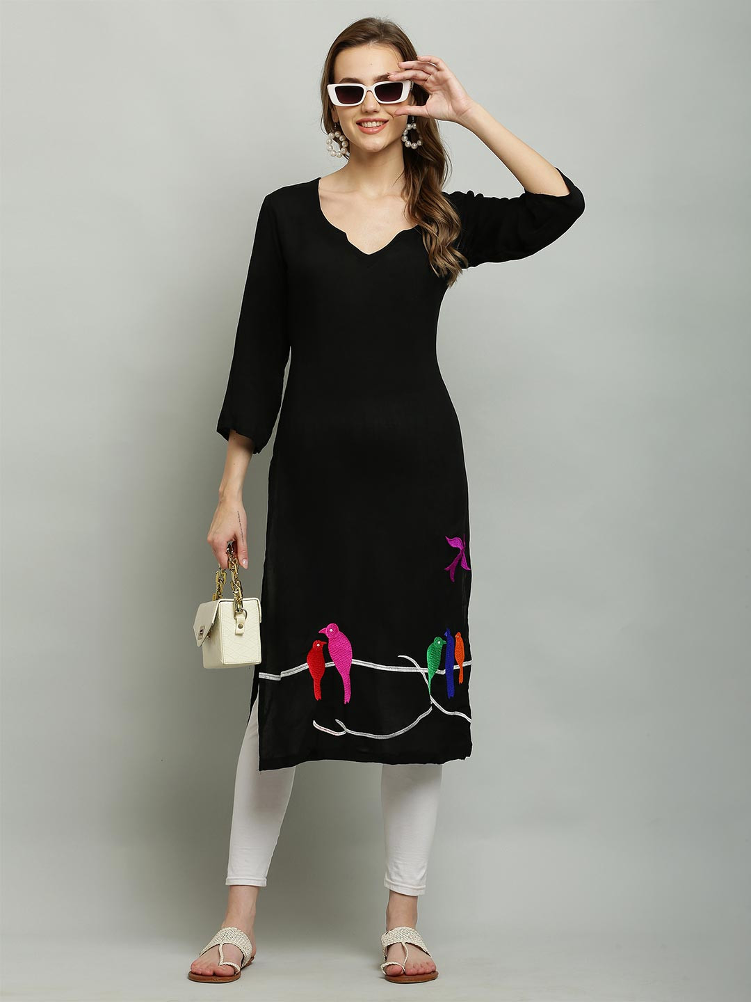 MALLORY WINSTON Animal Embroidered Notch Neck Straight Kurta