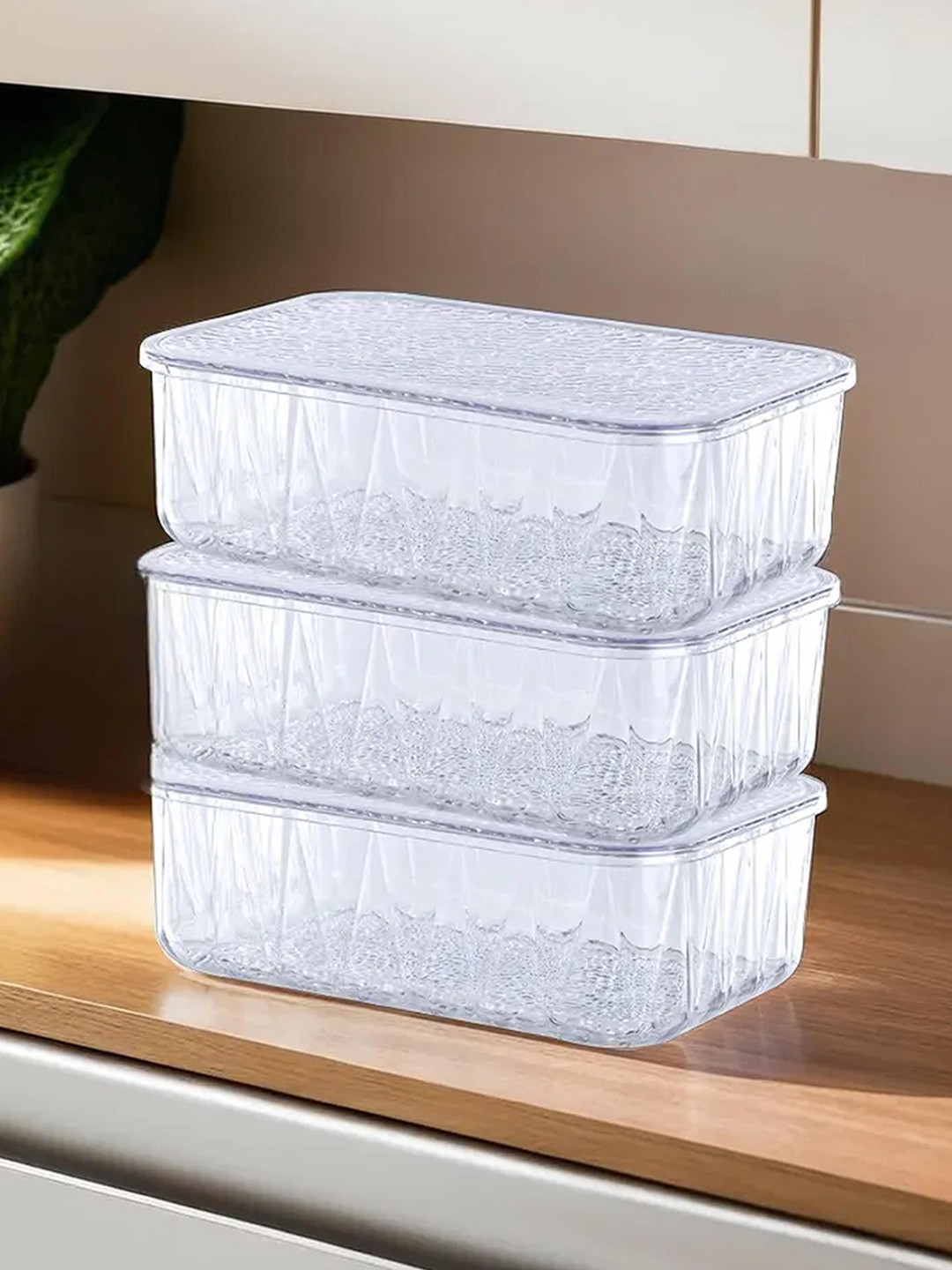 Kuber industries Transparent Plastic Refrigerator Safe 3 Piece Flip Top Fridge Container-2.7L