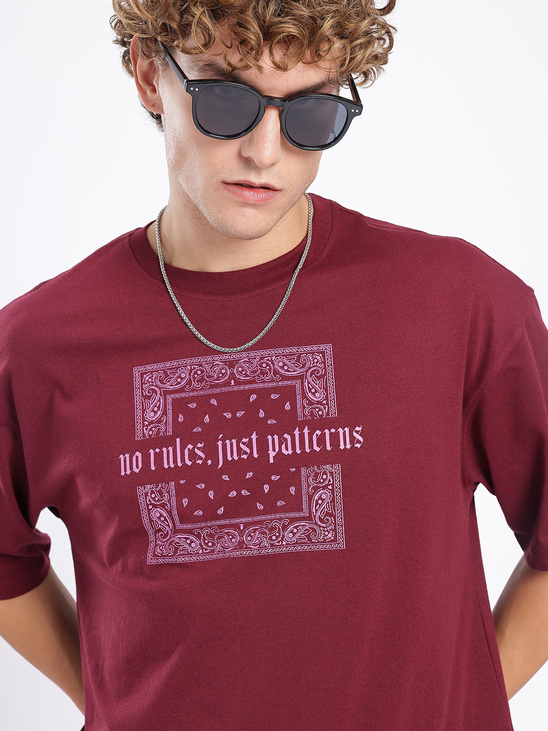 Maroon Typography Printed Oversized T-shirt with Drop-Shoulder Sleeves