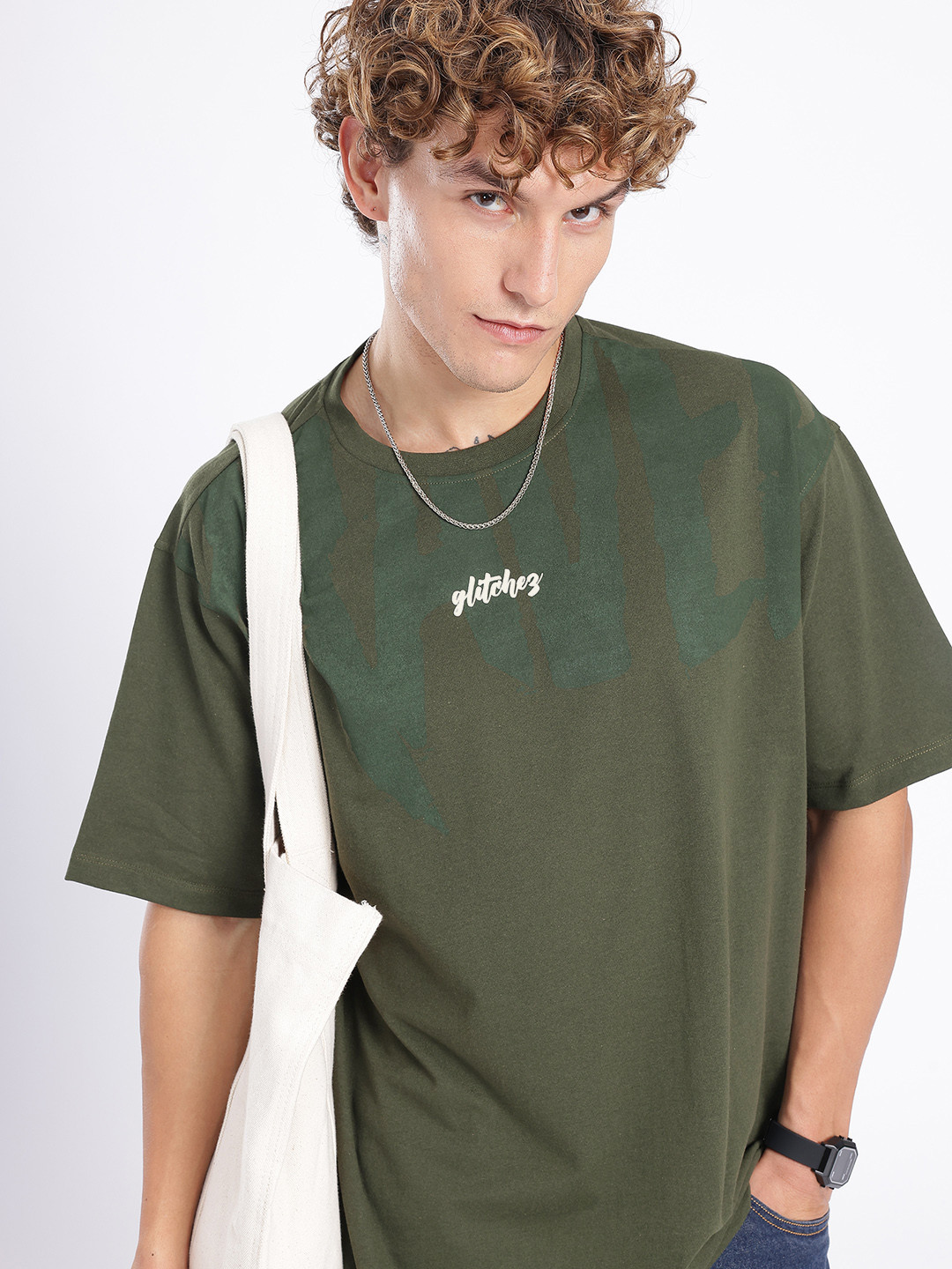 glitchez Men Olive Green Oversized T-shirt