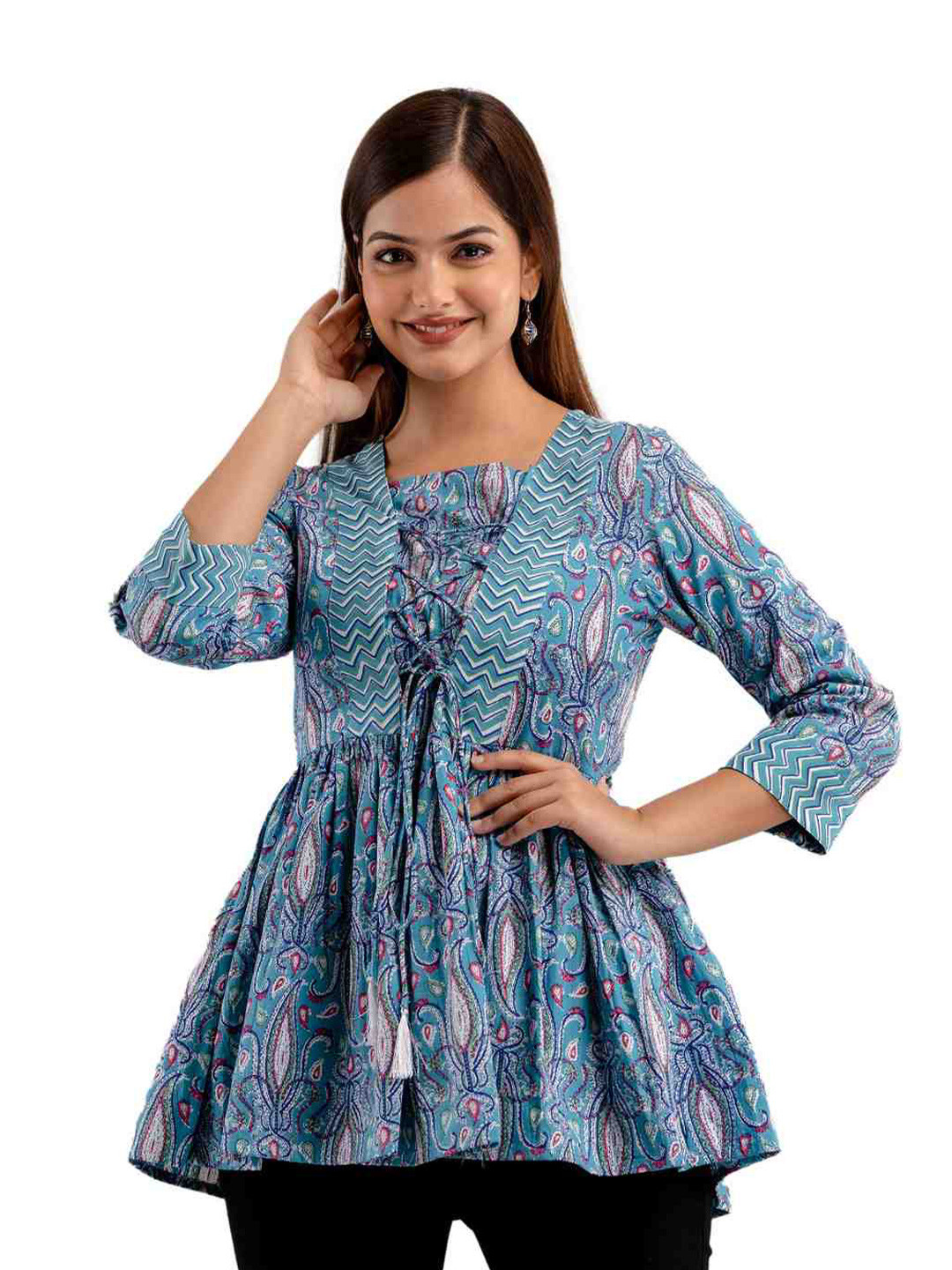 DMP EXPORT Floral Printed Pleated Square Neck A-Line Top