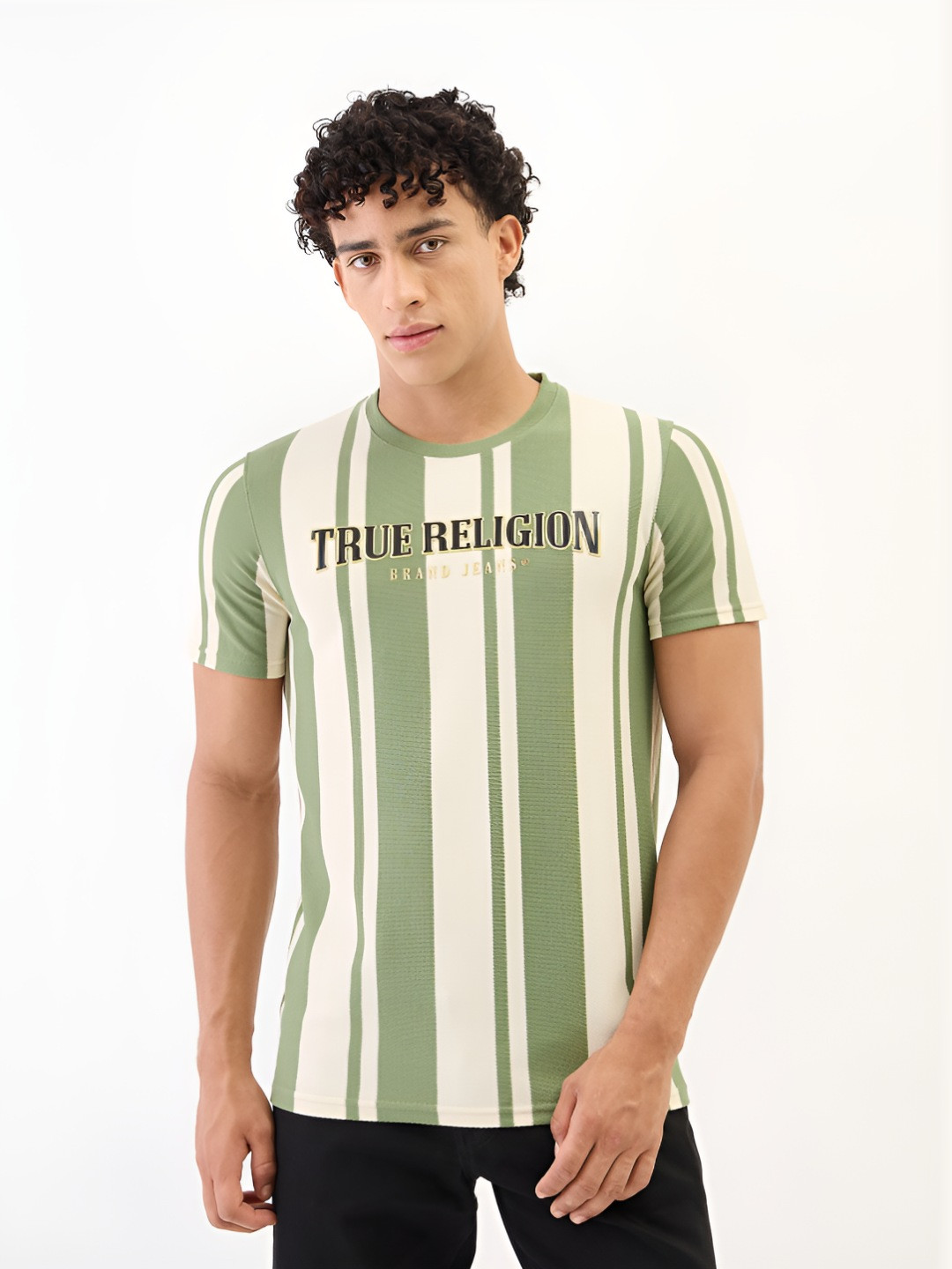 True Religion Striped Round Neck Pure Cotton T-shirt