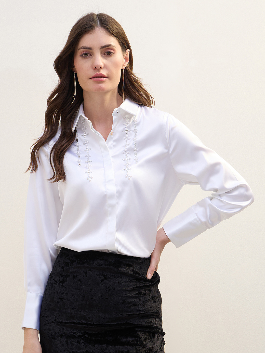 Iconic Crystal Handwork Spread Collar Regular Satin Shirt