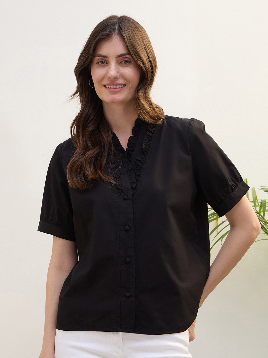 Iconic Solid V-neck Regular Ruffle Neck Shirt