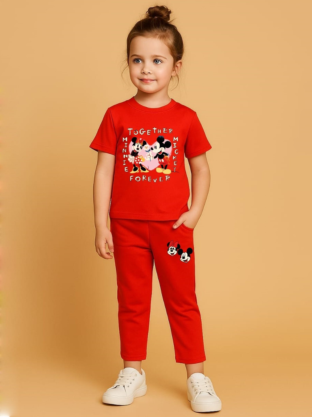 YK Disney Girls Minnie & Mickey Mouse Printed Pure Cotton T-Shirt with Trousers