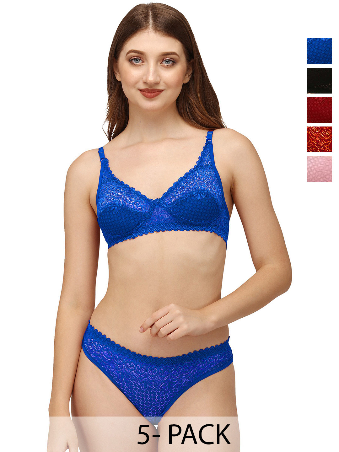 DHANDAI FASHION 5-Pcs Self Design Lingerie Sets Decent Set-Black Blue Mrn Pnk Red (M-1-5P)