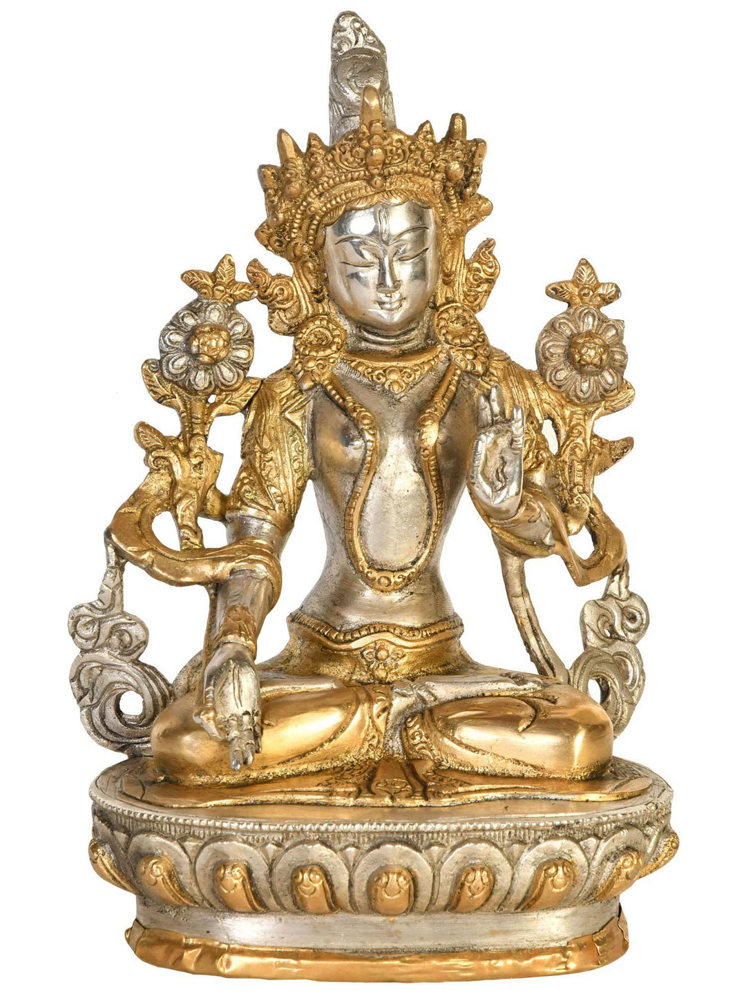 Exotic India Goddess Tara Silver Brass Metallic Prayer Room Small Showpiece - 8.7 Inches