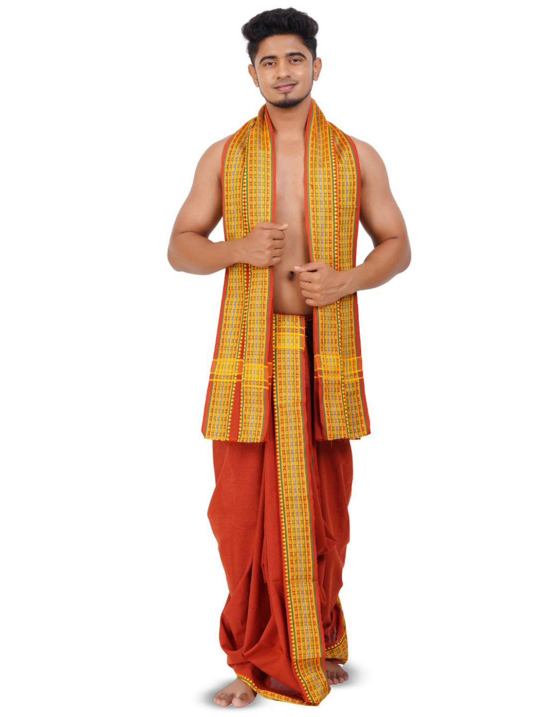 Ethazh Men Kavi Cotton Blend Solid 2 Inch Border Double Layer Dhoti with Angavastram