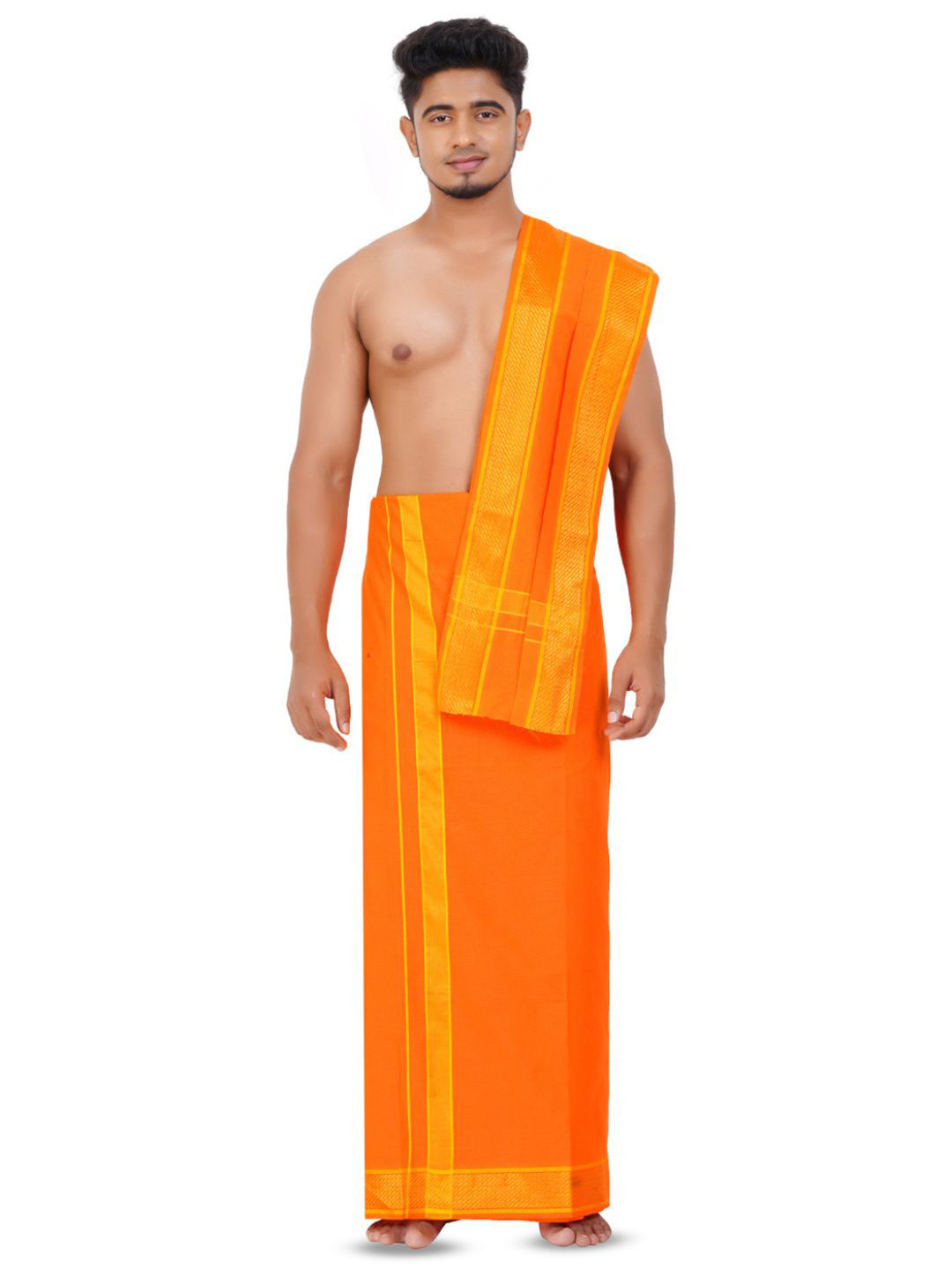 Ethazh Men Orange Cotton Blend Solid 2 Inch Border Single Layer Dhoti with Angavastram