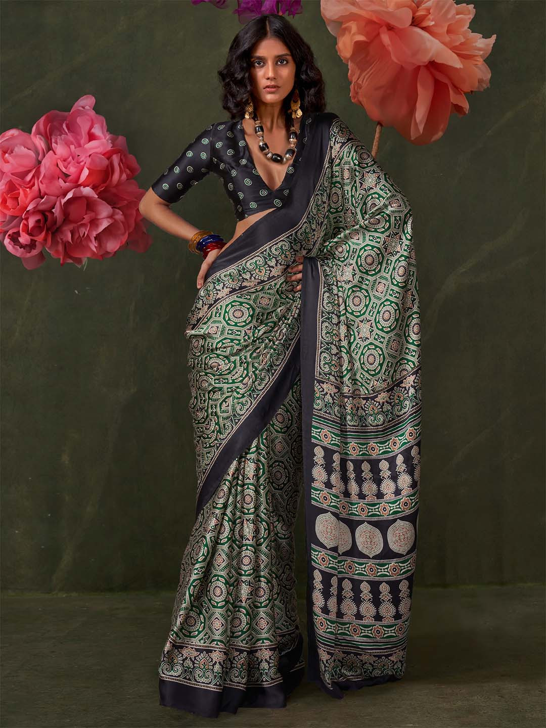 Mitera Ethnic Motifs Ajrak Poly Crepe Block Printed Saree