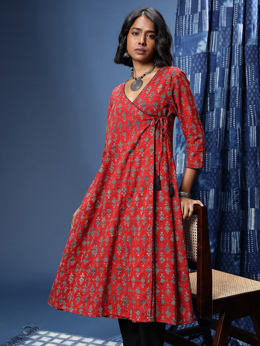 Taavi Women Geometric Hand Block Printed A-Line Angrakha Kurta with Tie-Ups