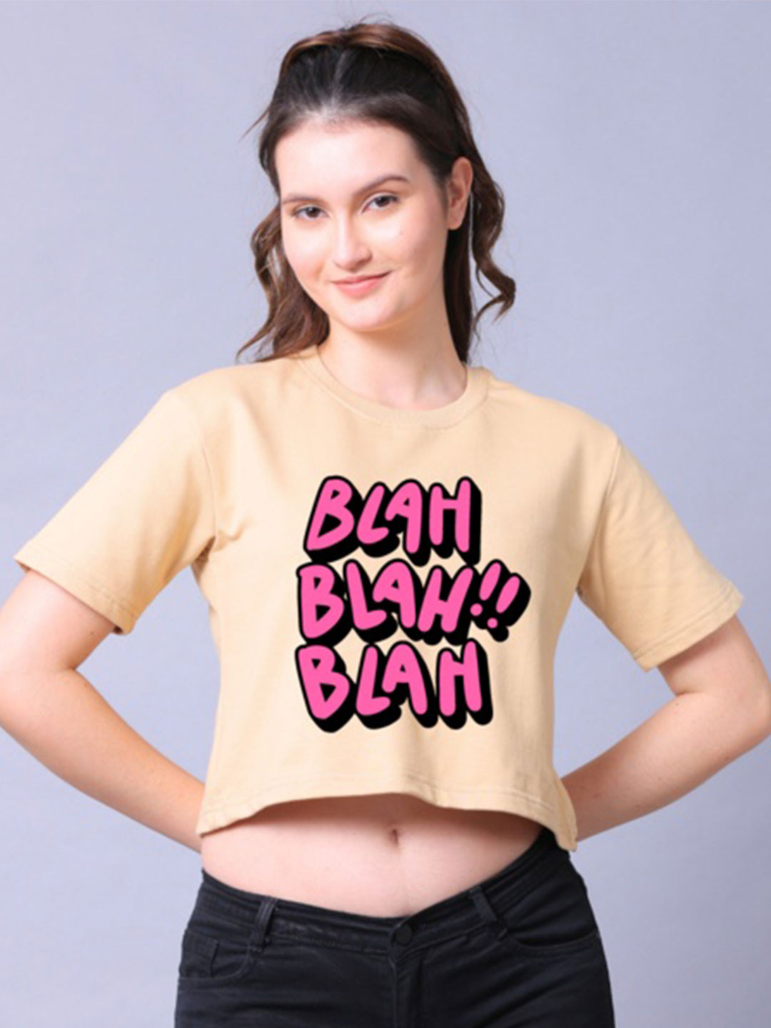 Lazy Lush Typography Printed Round Neck Short Sleeves Cotton Crop Top