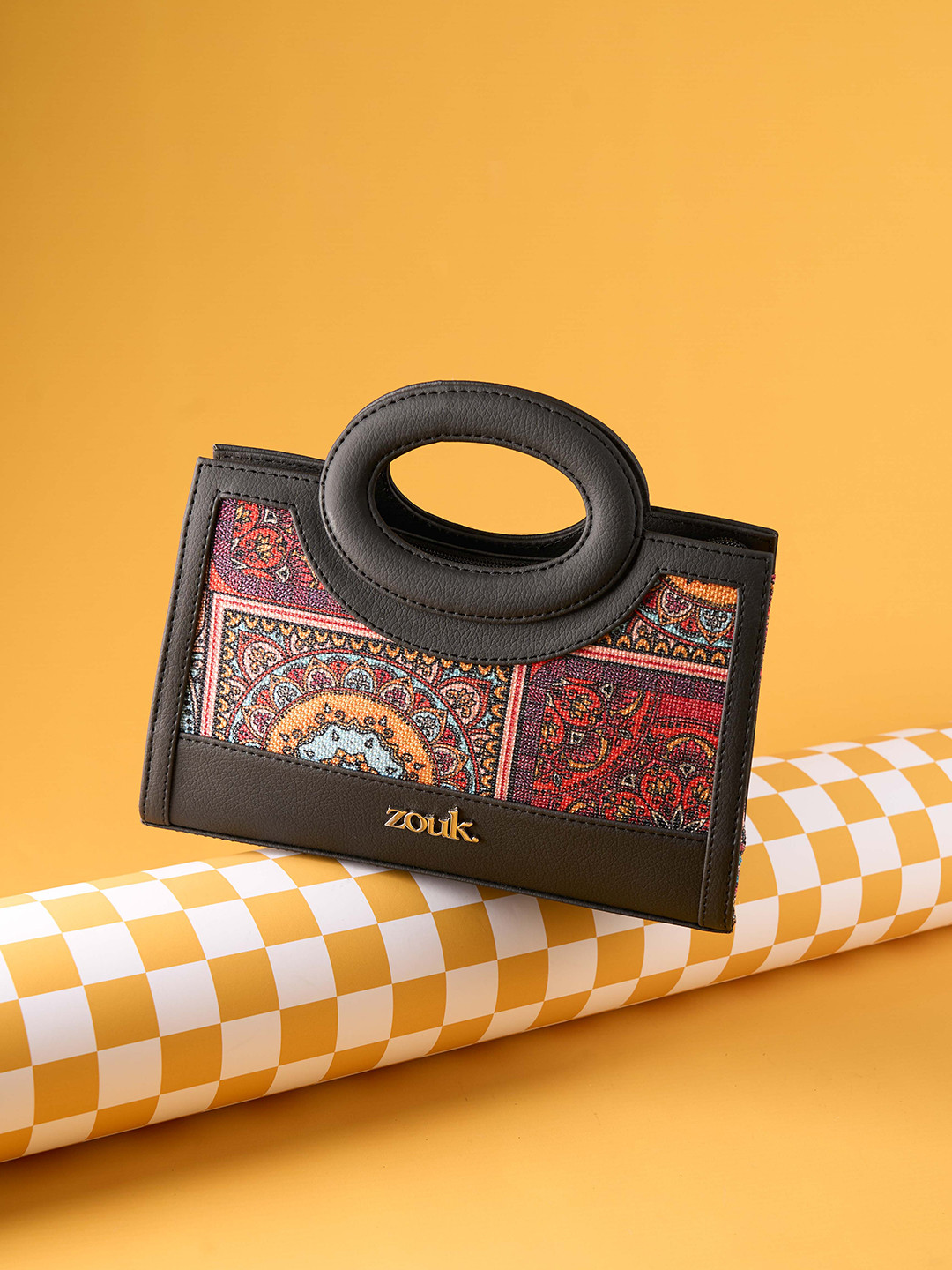 Alt by Zouk Mandala Print Ethnic Motifs Zip Detail Jute Small Structured Handheld Bag