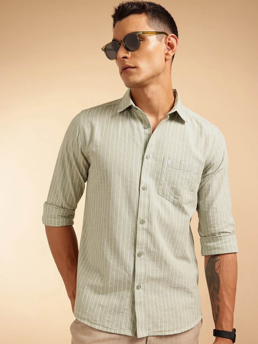 French Connection Men Premium Slim Fit Striped Cotton Linen Casual Shirt