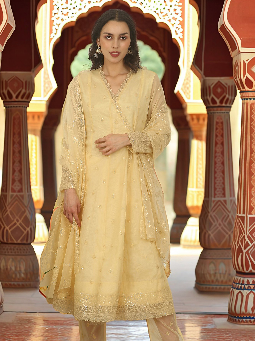 WISHFUL Floral Embroidered Nylon V-Neck Angrakha Kurta With Trousers And Dupatta