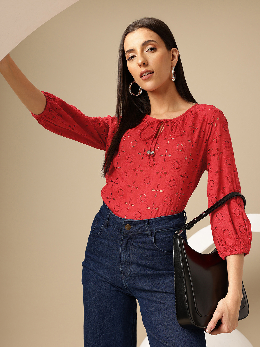 Chemistry Floral Schiffli Embroidered Tie-Up Neck Pure Cotton Semi-Sheer Top