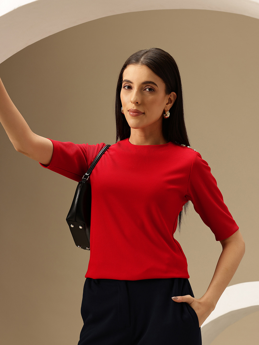 Chemistry Jewel Button Embellished Ribbed Crop Top